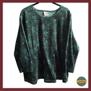 Bentley Plus - Dark Green Velvet Long Sleeves Floral Top